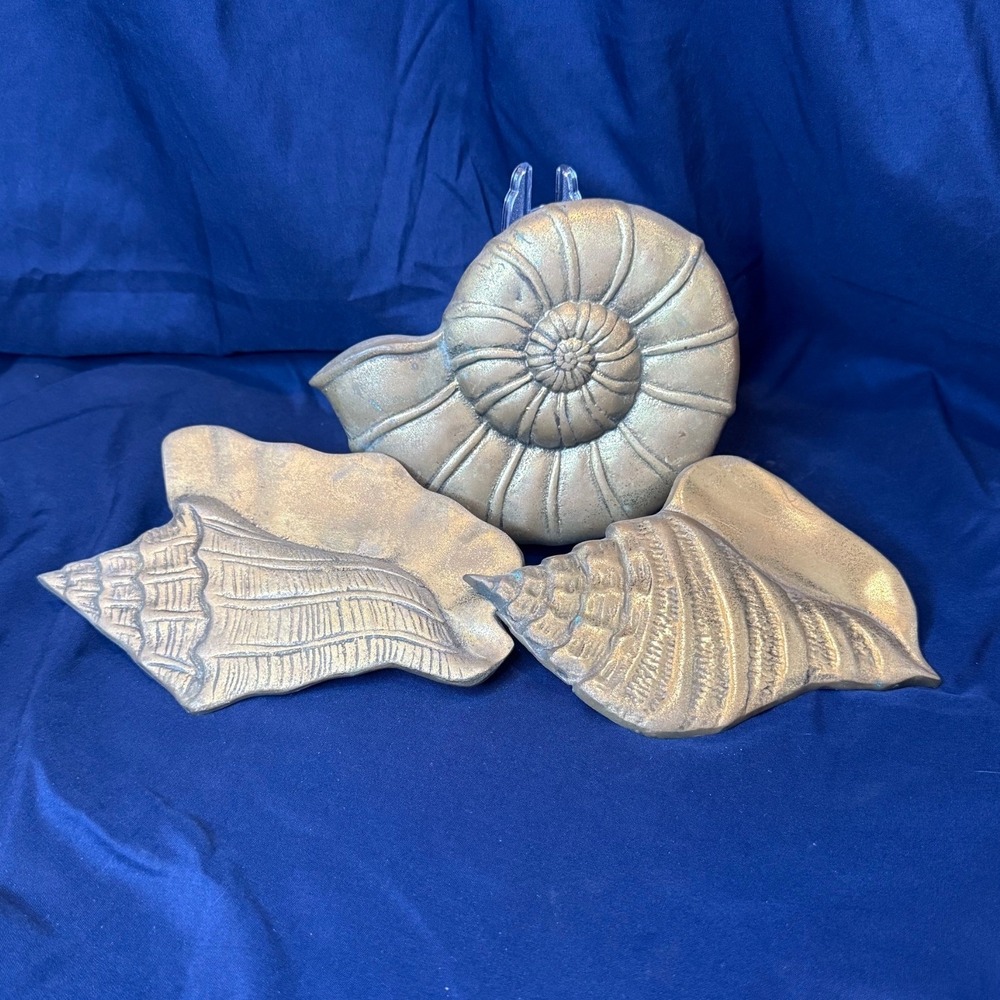 Vintage Brass Seashell Wall Hanging Set Nautical Coastal Decor Nautilus Conch 3p